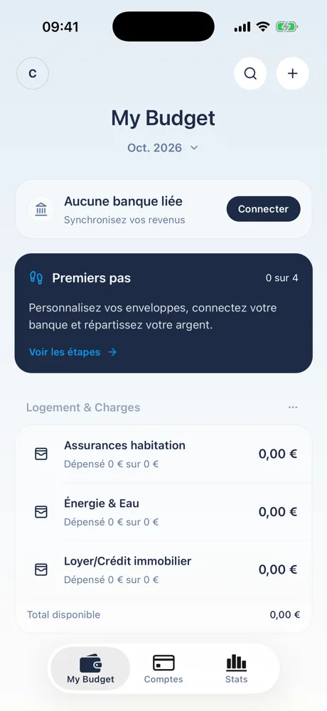 Onglet Budget de Centime : sous « Aucune banque liée », la carte « Premiers pas » indique 0 sur 4 et propose le lien « Voir les étapes ».