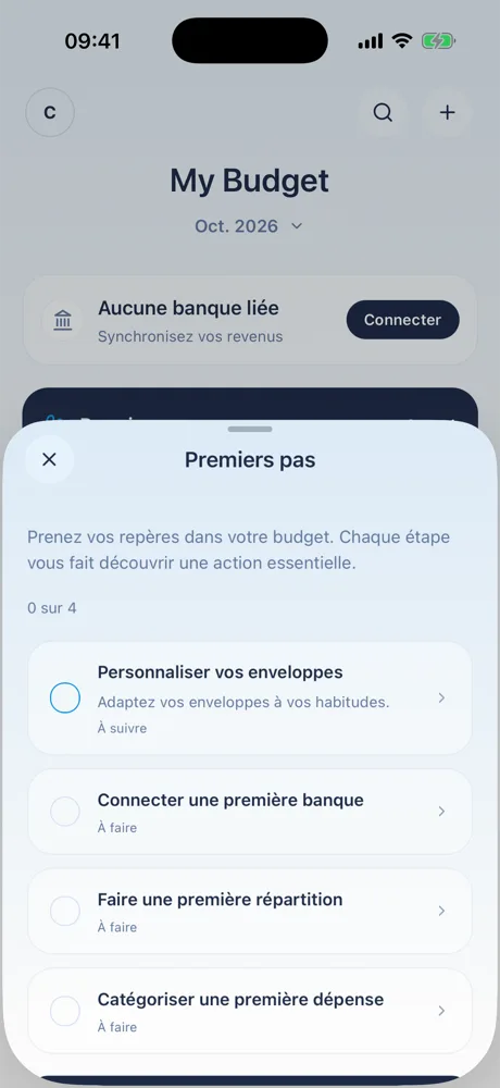 Liste « Premiers pas » : Personnaliser vos enveloppes (à suivre), Connecter une première banque, Faire une première répartition et Catégoriser une première dépense.